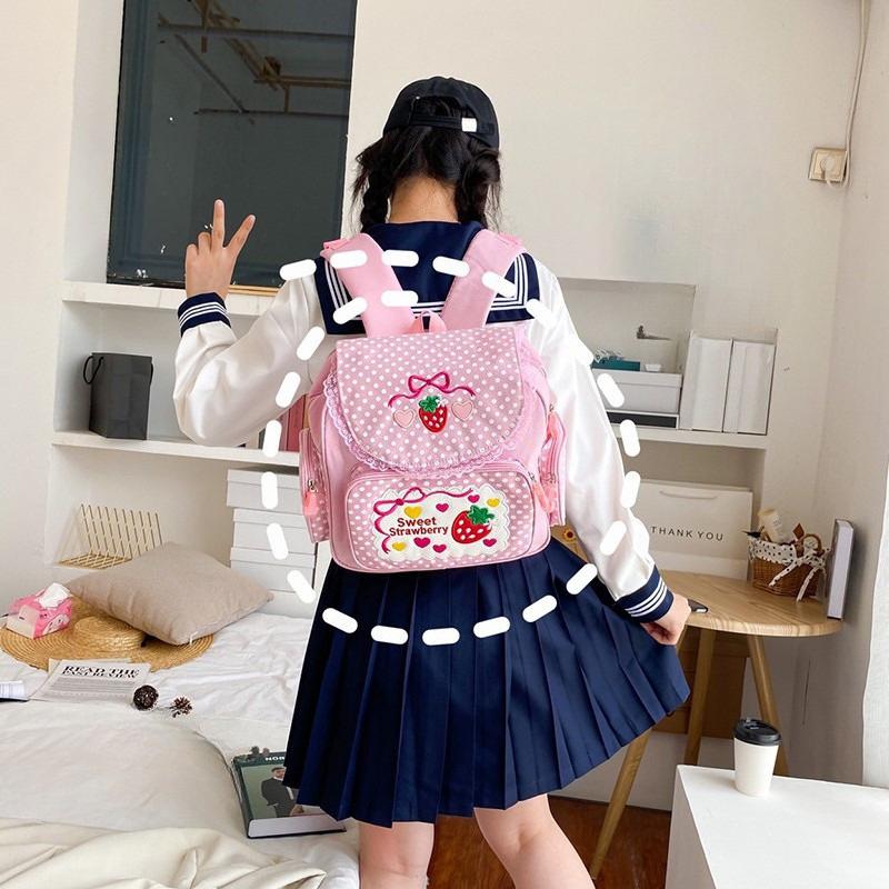 2026 New Japanese Cartoon Pink Backpack Book Bags Pink Girl Embroidery Strawberry Children's Schoolbag Student Birthday Gift