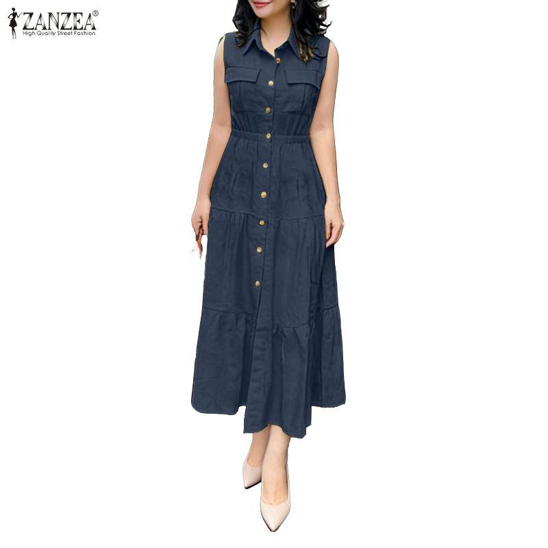 ZANZEA Women Casual Turn Down Collar Loose Sleeveless Dress