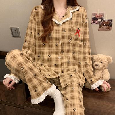 Karodigan lässig langärmlig Imitationsbaumwolle Pyjama Damen Frühling süße Rüschen Loungewear-Set