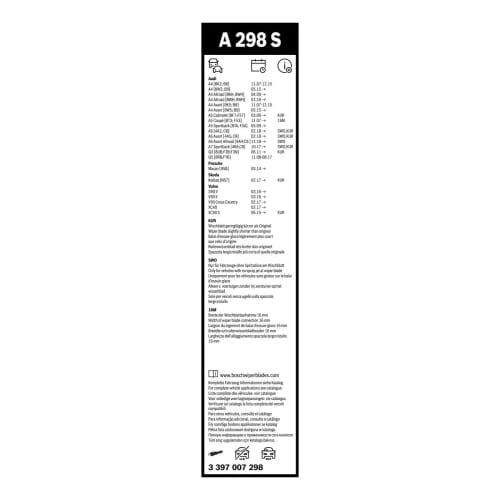BOSCH Imported Car Flat Wiper Blade Aero Twin Car Models Only 600/500mm A298S