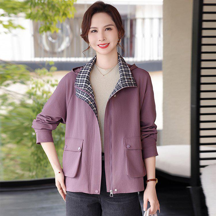 

Women s Plaid Patchwork Hooded Jacket - Casual Spring/Autumn Top for Middle-Aged & Elderly XL (105-120 lbs) малиновий