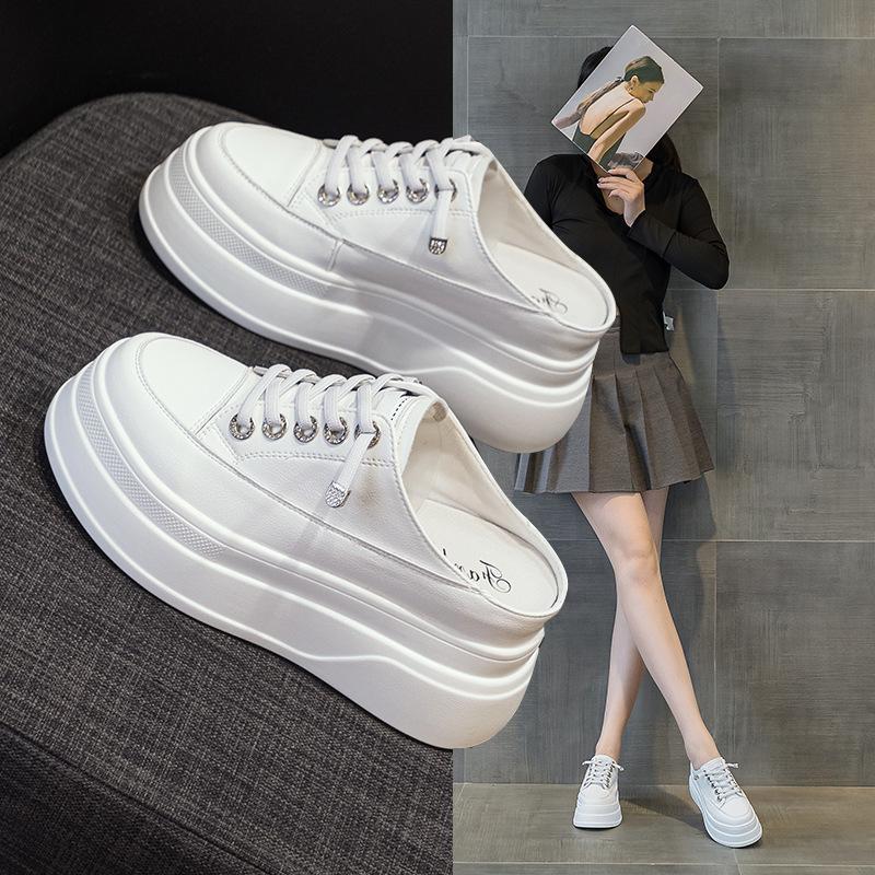 Pantofole Mezze Pelle Vera Scarpe Casual da Donna Platform Pantofole da Donna Stringate Bianche Scarpe con Zeppa Basse Calzature da Donna