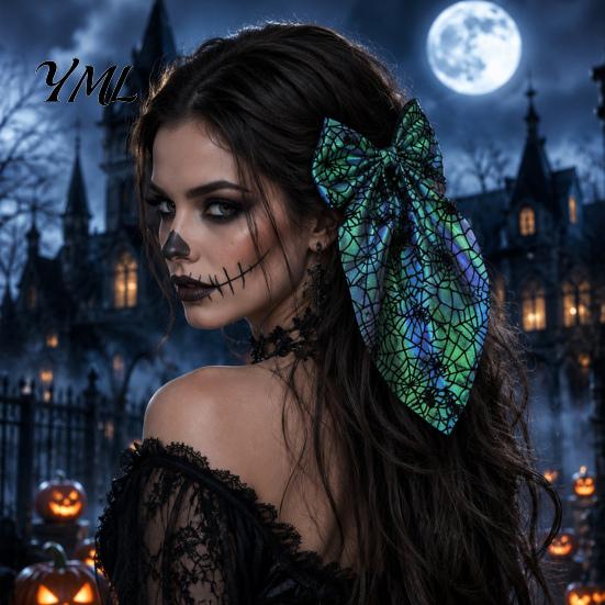 Holiday Themed Hair Accessories for Women Halloween Bow Clip Girls, Spider Web Barrettes Chic Satin Bows with Streamers Clips, Large Bowknot