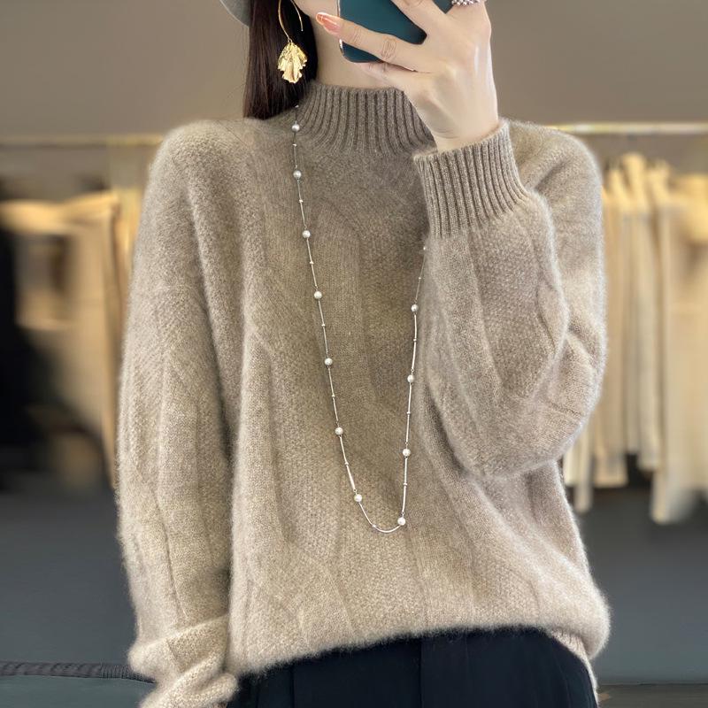100% Pure Wool High Neck Sweater: Soft, Smooth, Thick Cashmere, Loose Knit Base Layer for Autumn/Winter