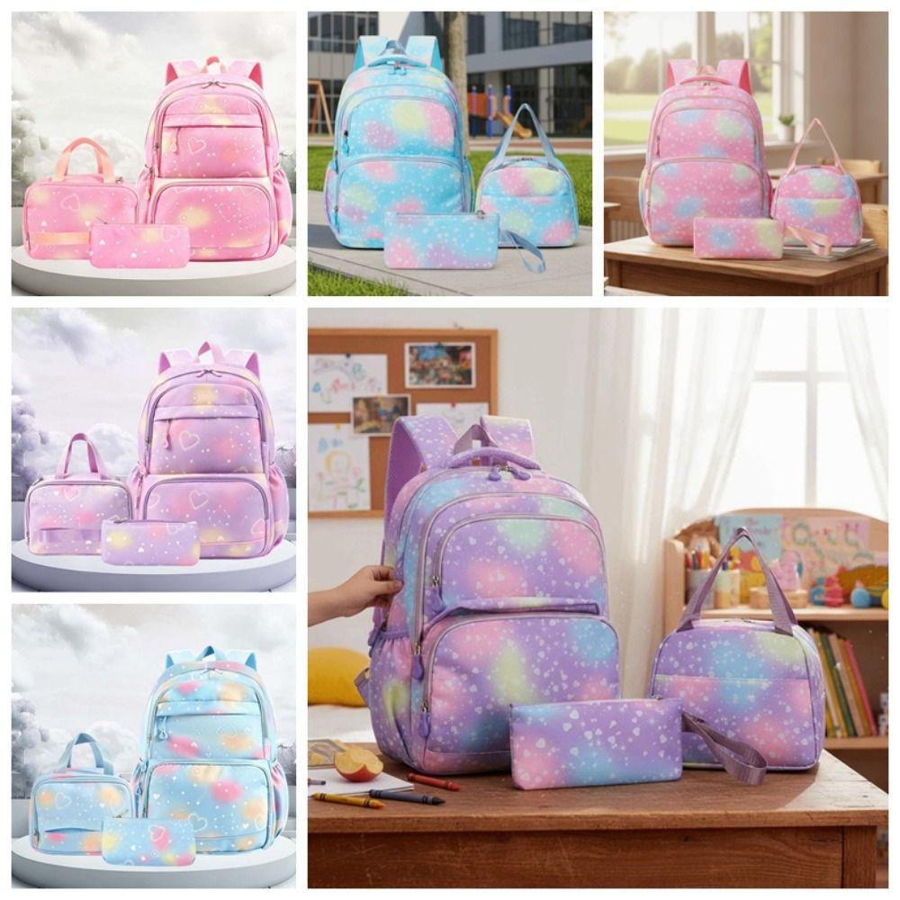 Casual Nylon Backpack Daypack Students School Bag Three-piece School Bag Set Junior High School