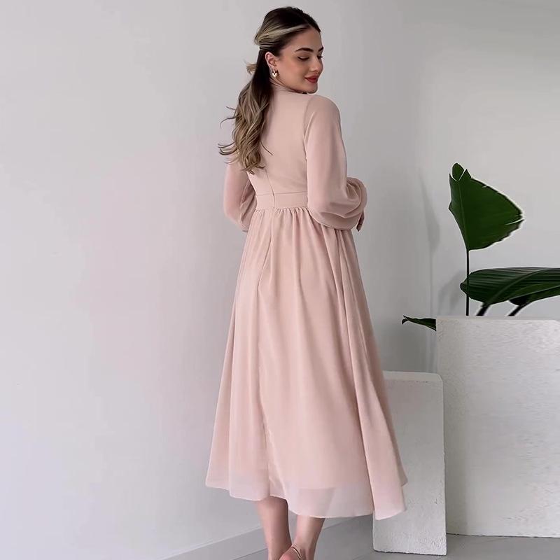 2024 Herbst Damen Einfarbig Rundhals Rüschen Langkleid