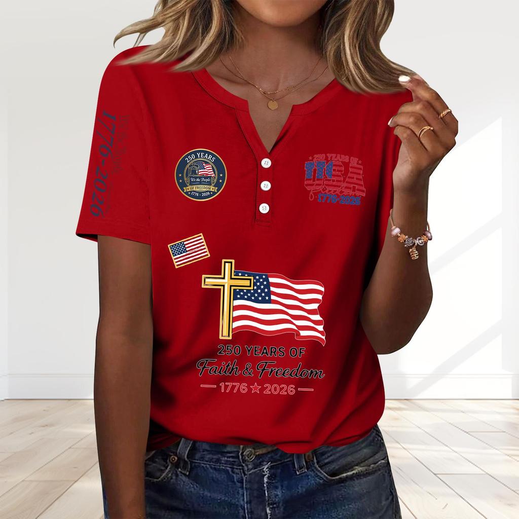 Women's Fashion Casual 250th Anniversary Independence Day Print V-Neck Short Sleeve Decorated Button-Up T-Shirt