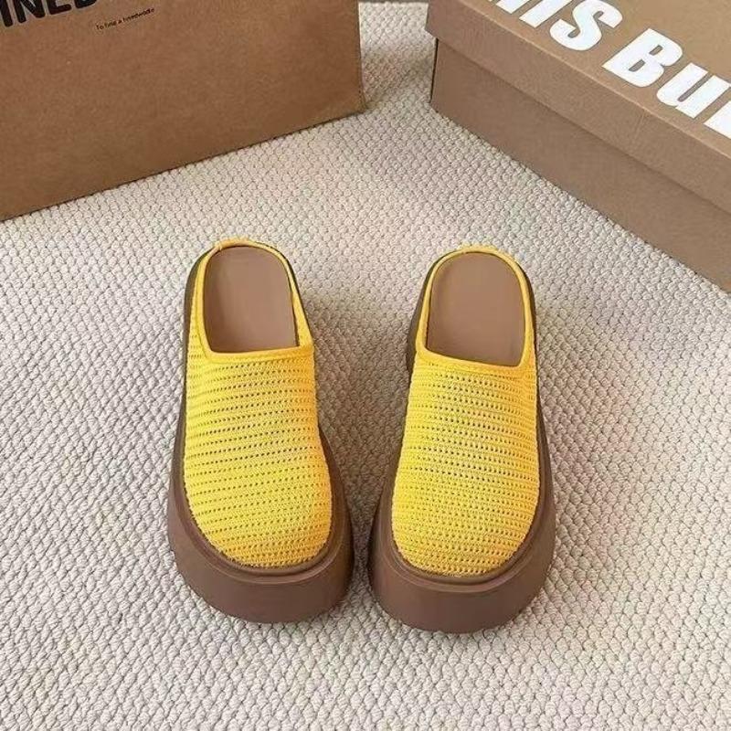 

Baotou one-pedal lazy shoes new solid color fly-woven breathable semi-slippers casual platform slippers women 35 жёлтый