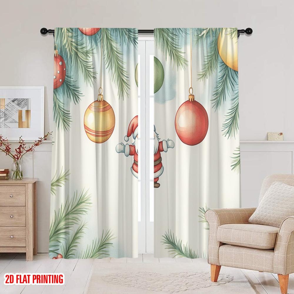 2pcs,2D Plane Printing Window Curtain Christmas Ornaments Santa Claus Watercolor Durable 100% Polyester Fabric (without Rod)