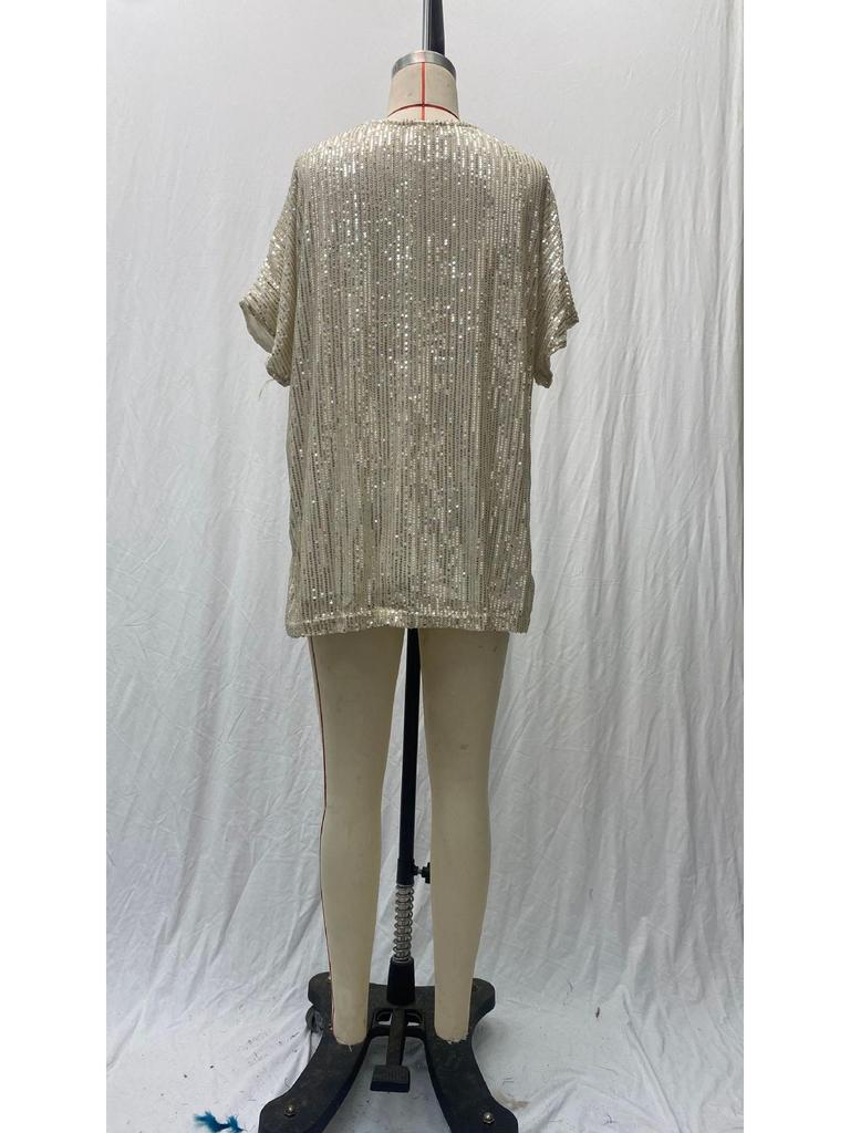 2025 Damski Miejski Casualowy T-shirt z Dekoltem V, Z Cekinami, Luźny Krój, Krótki Rękaw