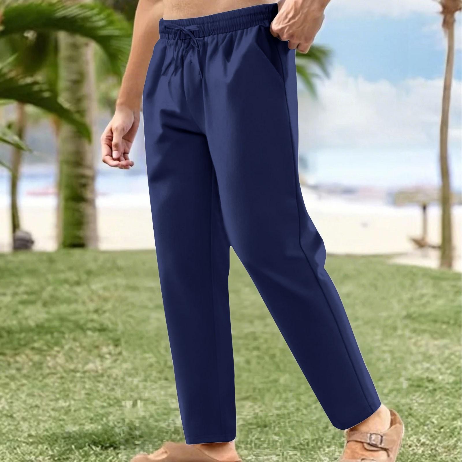 

Льняные повседневные брюки мужские с эластичной талией и завязками на шнурке летние брюки для йоги и пляжа XXXXXL темно-синий