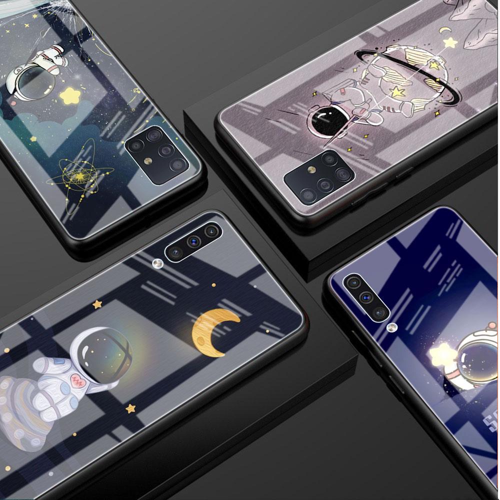 Glass Case For Samsung Galaxy A52 A71 A50 A51 A70 A21s A31 A72 A10 A12 A30 A22 5G Phone Cover Astronaut Cute