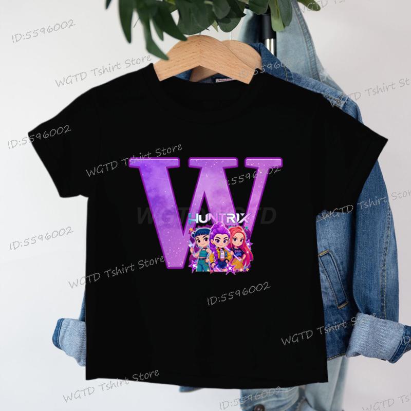 Clothes Child Girl KPop Demon Hunters Letters T-shirt for Children Cartoon Girls Boys Cotton Tee A-Z 26 Alphabet Kids Clothes