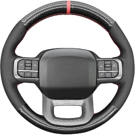 Black Genuine Leather Carbon Fiber Steering Wheel Cover for Ford F-150 2021-2026 /Ford F-250 F-350 F-450 F-55- F600 2023 20242025 2026 /Ford