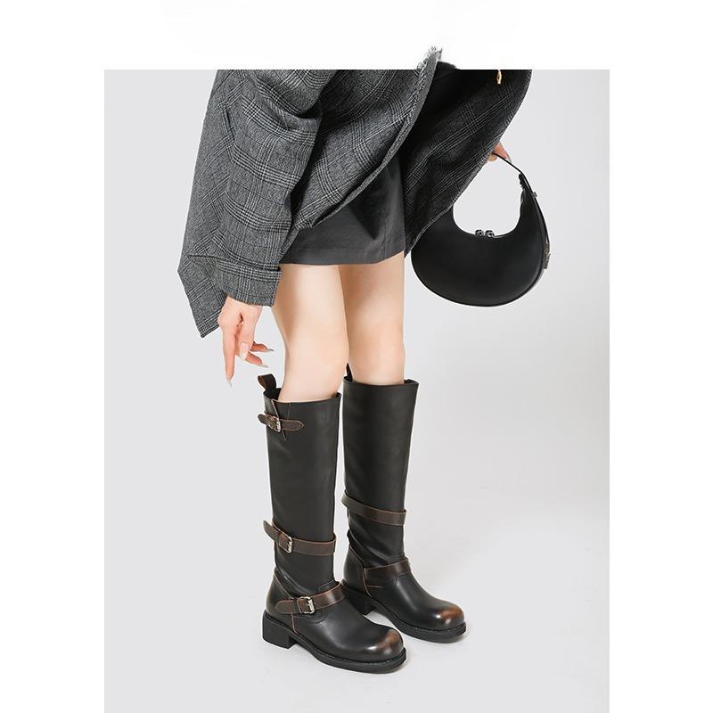Retro Shoes, Round-toed Thigh-high Ankle Boots, Belt Buckle High Ankle Boots, Women's Long Ankle Boots