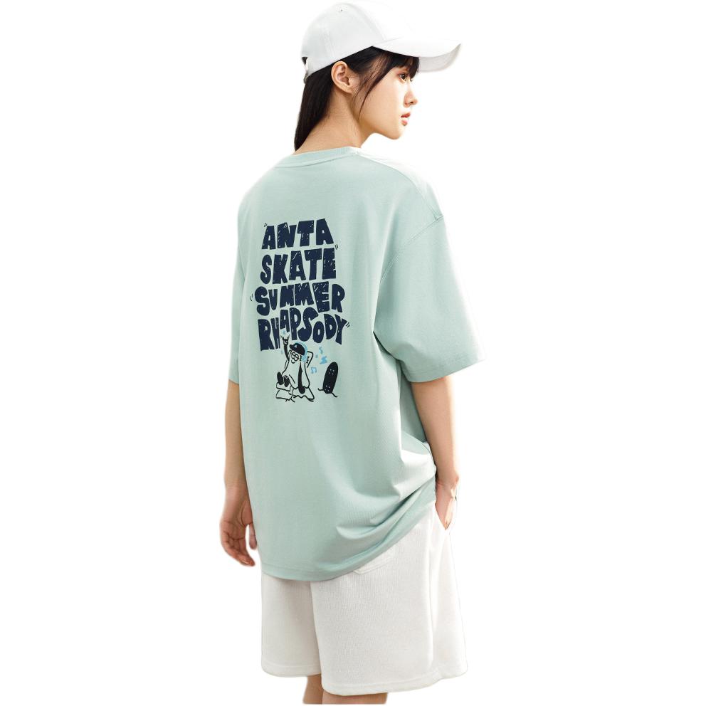 Anta Comfortable Letter Cartoon Print Simple Versatile Loose Fit Drop Shoulder Sports Short Sleeve T-Shirt Unisex Tops Sky-Blue 172528114-2