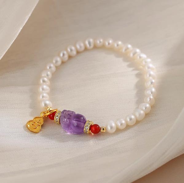 Natural pearl bracelet, national style gourd pendant bracelet, Pixiu amethyst beaded jewelry.