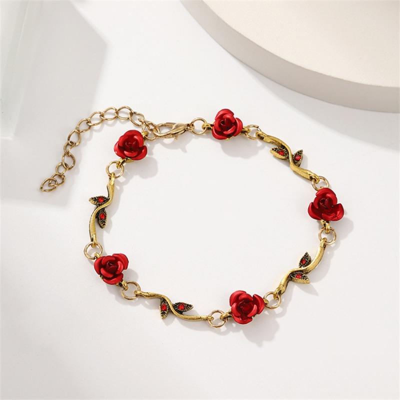 Fashion New Vintage French Zirconia Elegant Rose Bracelet for Women Personality Temperament Alloy Material Red Rose Bracelets