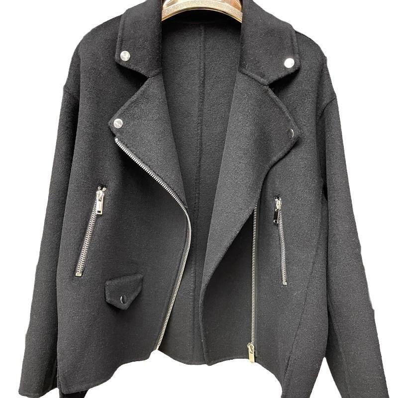 Spring, autumn and winter zipper double-sided woolen coat coat women's wool woolen simple versatile casual commuting temperament