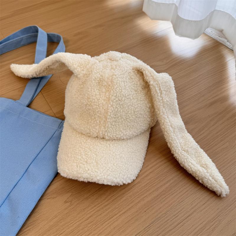 Lamb Wool Baseball Cap Women's Autumn and Winter Cute Rabbit Ears Versatile Face Small Plush Warm Cap