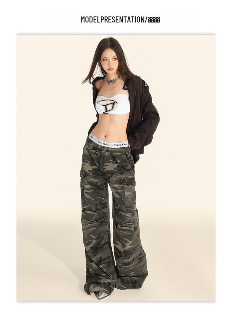 Women's American Camouflage Straight Cargo Pants - 2025 Spring/Autumn Collection, High-Waist Loose Fit Wide Leg.