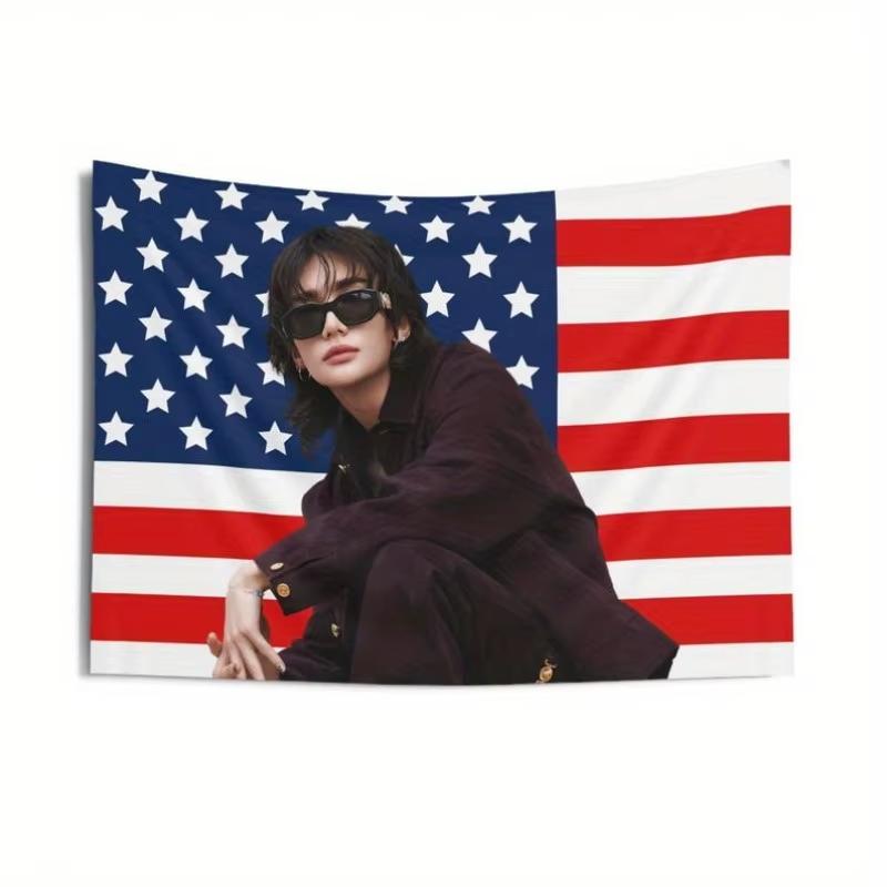 Arazzo Bandiera Americana Hyunjin SKZ Kpop Banner per Concerto Tessuto Morbido Appeso a Parete per Stanza dei Fan Decorazione Collezione