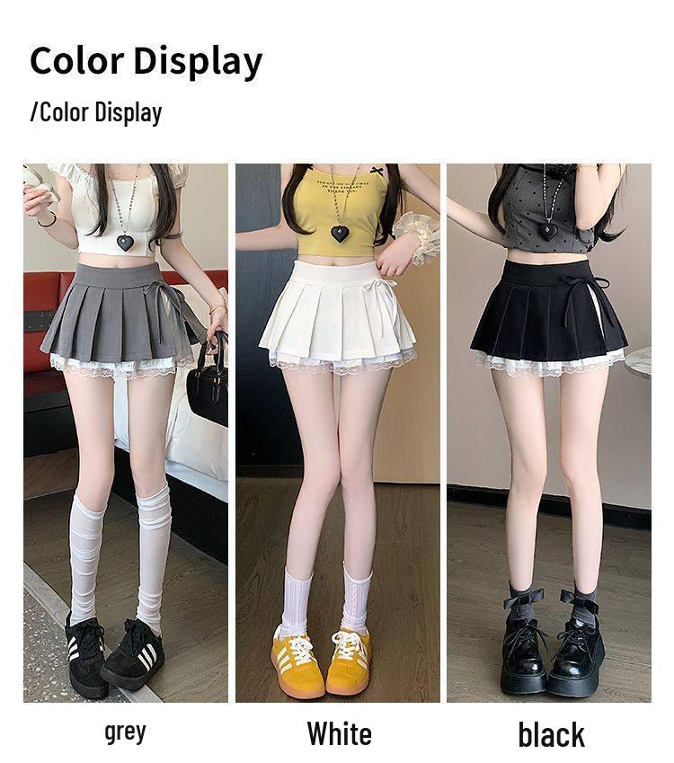 Spicy Ultra-Short Pleated Lace Patchwork A-line Skirt with Bow for Women