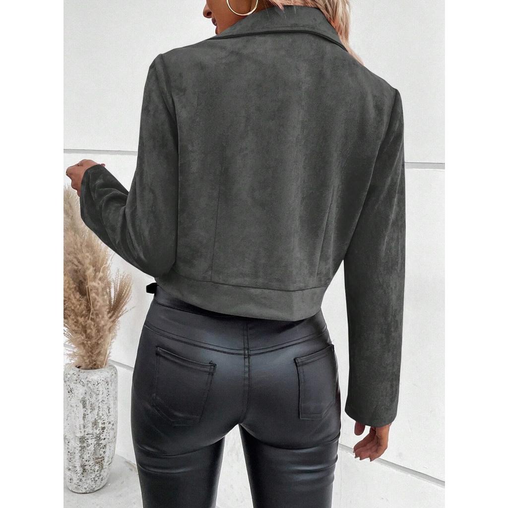 Wiosenna i jesienna kurtka damska krótka z klapami zapinana na zamek kurtka zamszowa krótka kurtka damska