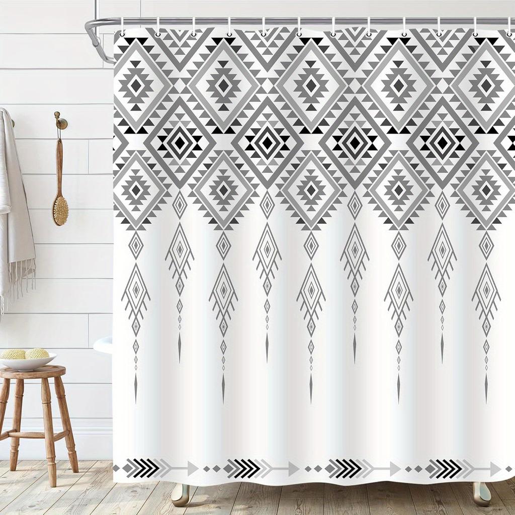 Southwestern Aztec Tribal Geometry Shower Curtain - Grey & White, Polyester, Includes 12 Hooks, All-Season Woven Bath Decor