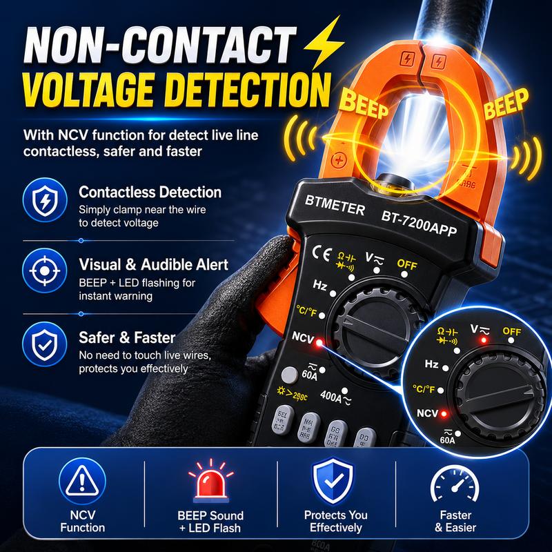 HP-7200-APP Bluetooth Clamp Meter, TRMS 6000 Counts Digital Multimeter, Non-contact AC DC Voltage Current Resistance Tester