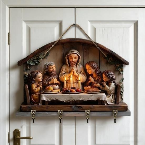 Dřevěný křesťanský držák na klíče 2D plochý Ježíš přijímání umění klíčenka stojan se 4 háčky náboženský nástěnný stojan na klíče pro vstupní halu domácí dekorace