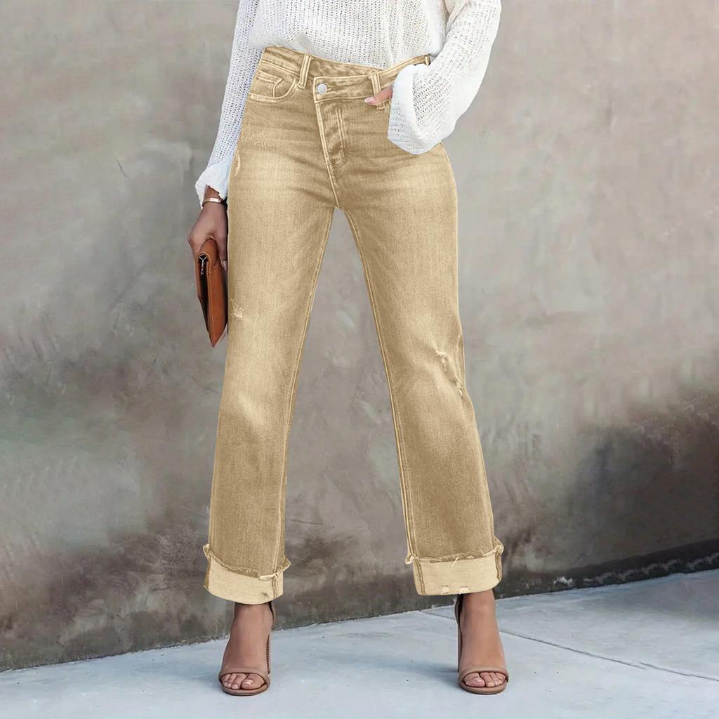 Ladies' Color Casual Versatile Mid Waist Straight Leg Denim Straight Leg Jeans With Fringed Edges