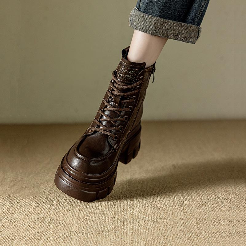 

Женские ботинки Мартин на массивном каблуке - Осень/Зима 2025, Британский стиль, с пряжкой, мотоциклетные ботильоны, круглый носок 38 коричневый