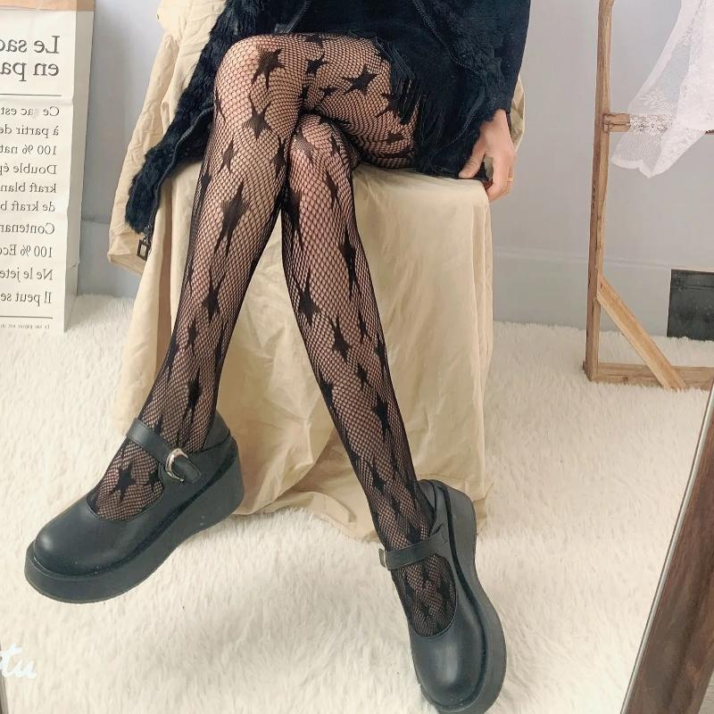 Lolita Dark Black Pantyhose Star Mesh Stockings Female Fishnet Stockings JK Girls Socks Mesh Tights Lingerie Thigh High JK Socks