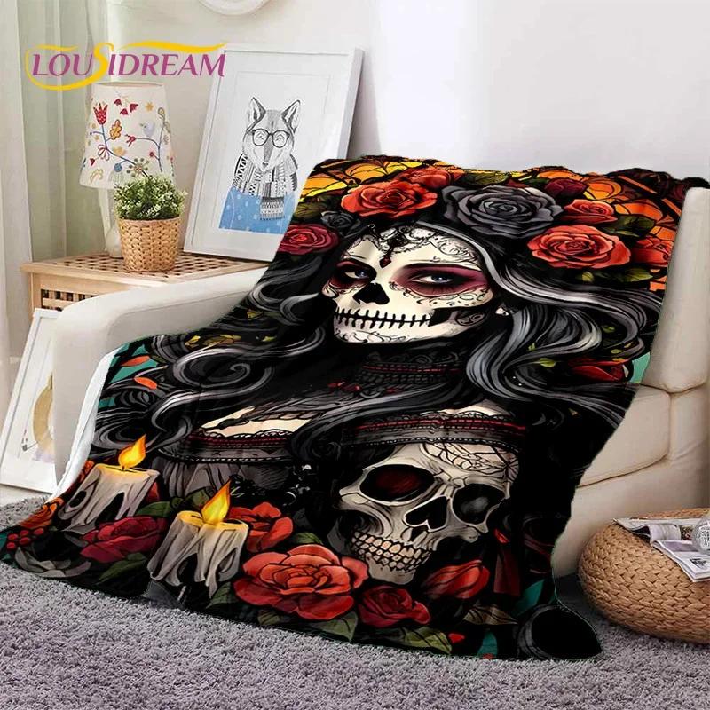 Skull Dead Girl 3D Gothic Horror Female Rose Soft Flannel Blanket,Throw Blanket Comfortable Blanket for Picnic Beds Home Bedroom