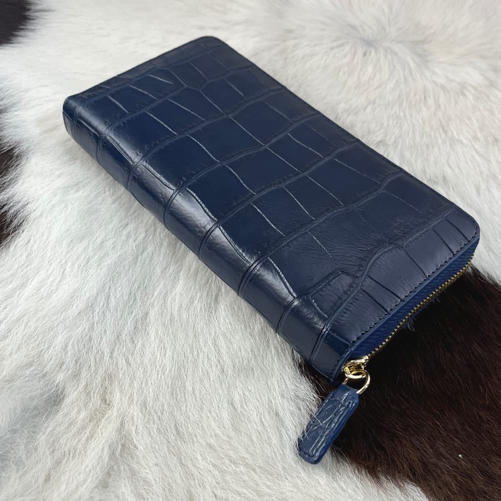 Genuine Crocodile Leather Long Wallet with Round Zipper for Men and Women (Navy)