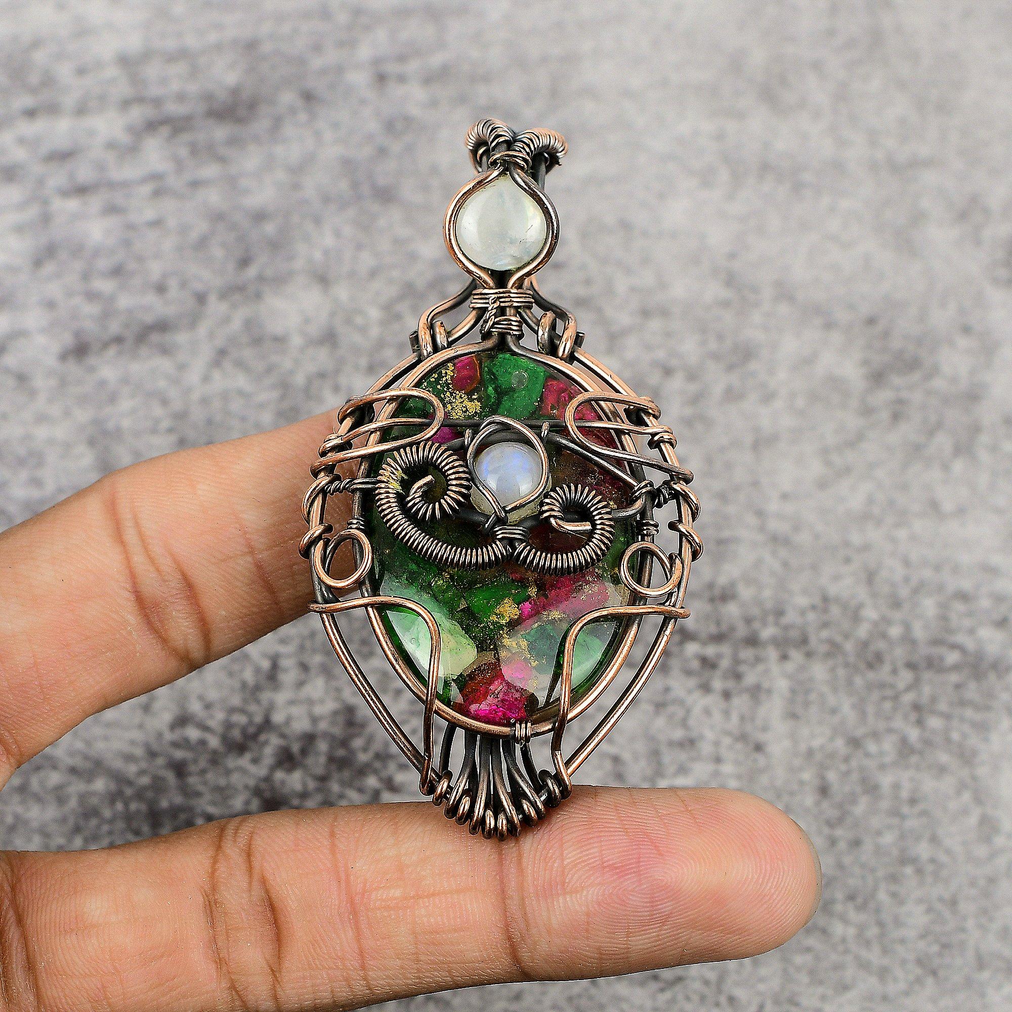 

Multi Copper Turquoise & Rainbow Moonstone Pendant Gemstone Jewelry, 999 Copper Wire Wrapped Handmade Pendant, Latest Design Jewelry 2.25 Inches