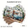 4pcs/6pcs, Vintage Camper Watercolor Pattern Printed Placemats, Camping Style Placemats with Camping Style Patterns, Linen Heat