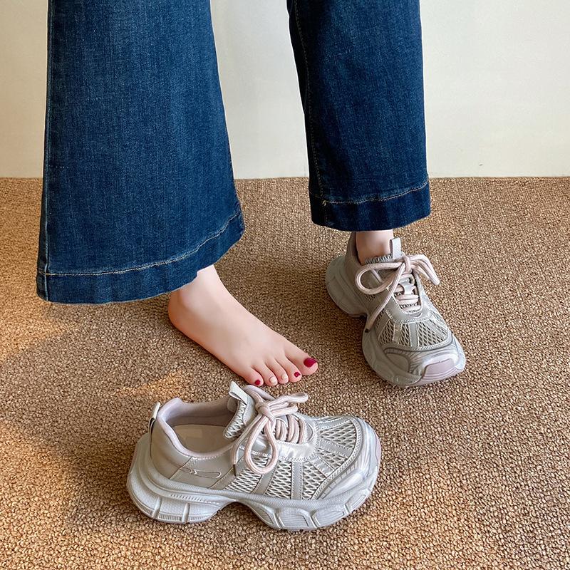 

Дышащая сетка, кроссовки на массивной подошве для большой головы, женские летние тонкие 2025, новые кроссовки на платформе-маффин, повседневные спортивные для бега 40 розовый