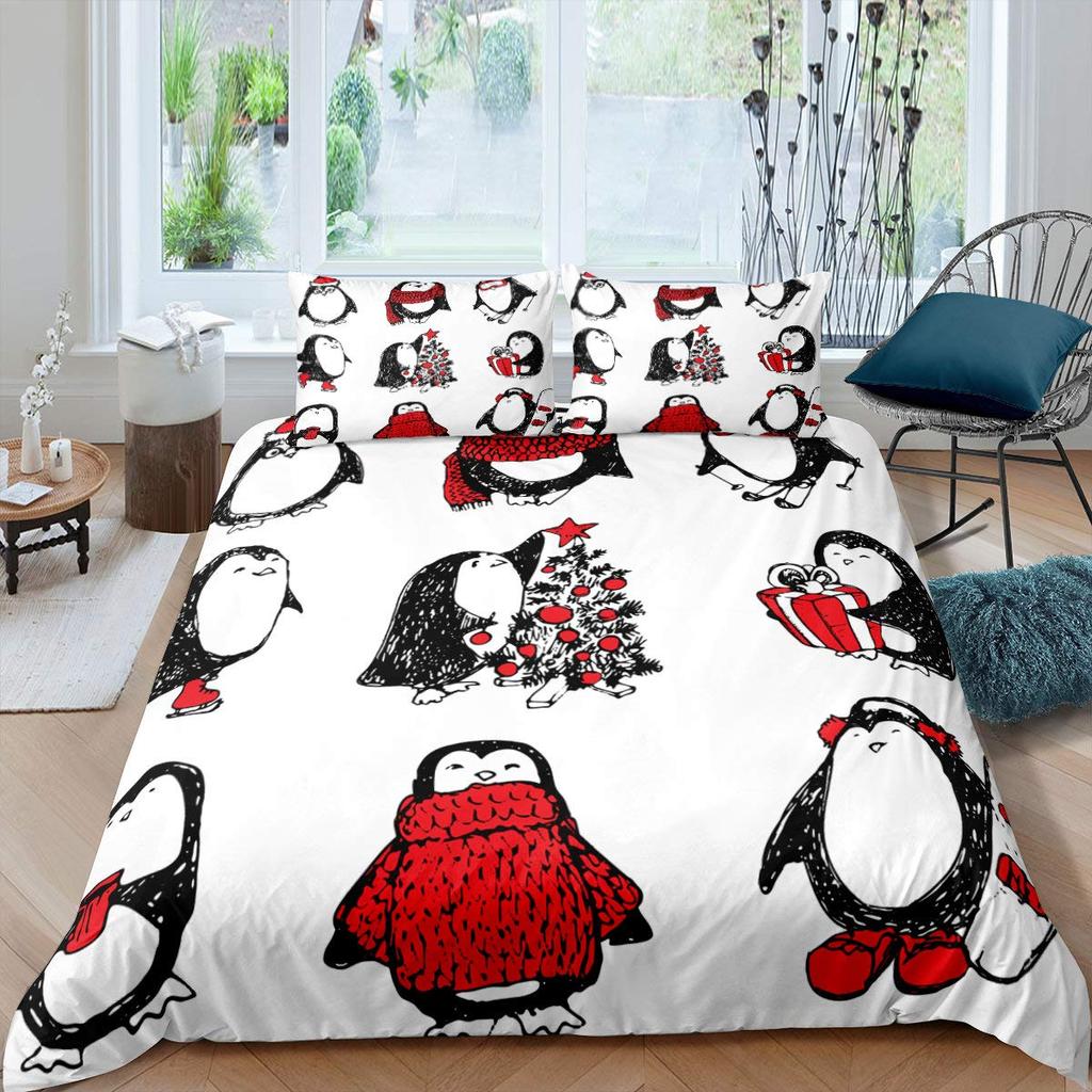 Penguin Comforter Cover Kawaii Animal Print Black White Little Penguin Duvet Cover Blue Iceberg Antarctica Winter Bedding Set