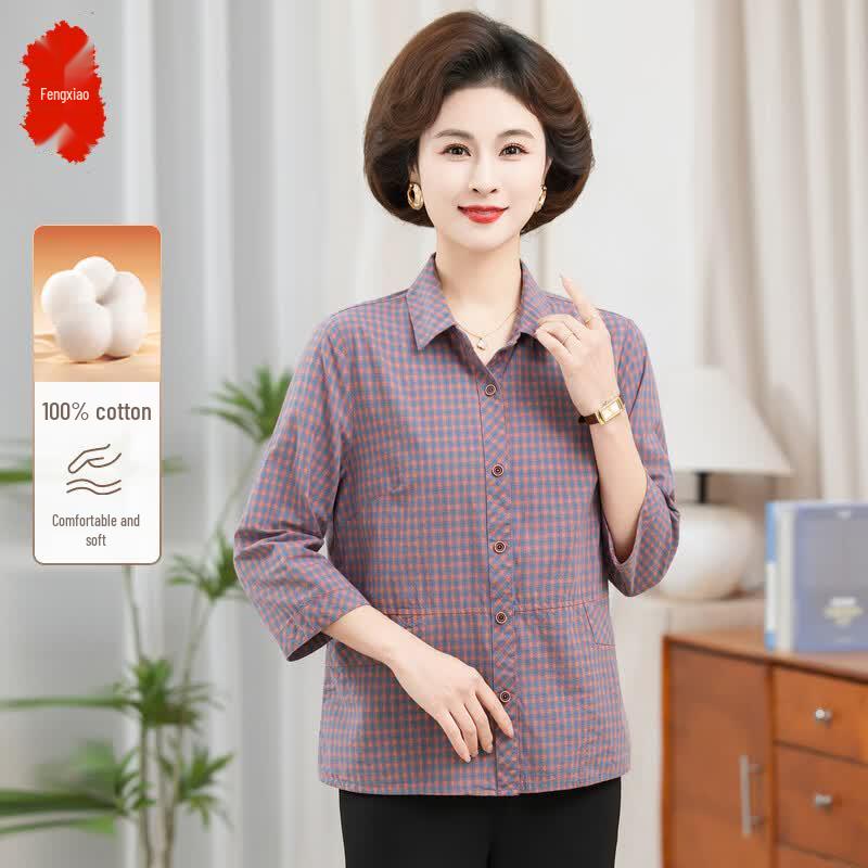 FENGXIAO Women s Plaid Seven-Sleeve Pure Cotton Summer Cardigan XL