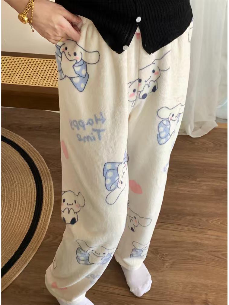 

Cartoon KT Cat Christmas Flannel Pajama Pants for Women - Cozy Autumn/Winter Kitty Fleece Sleepwear M