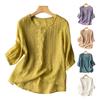 Women Tops Round Neck 3/4 Sleeve Puff Sleeve Loose Fit Casual Tops Embroidery Irregular Hem Blouse Spring Summer Wear