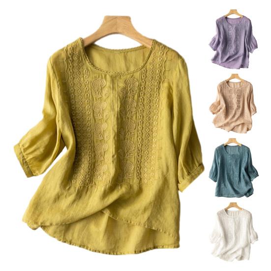 Women Tops Round Neck 3/4 Sleeve Puff Sleeve Loose Fit Casual Tops Embroidery Irregular Hem Blouse Spring Summer Wear