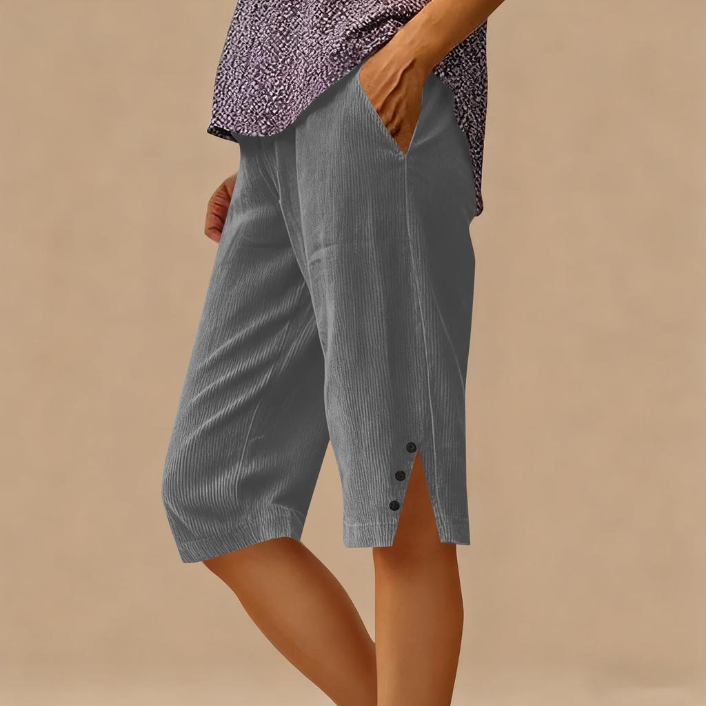 Women’s Corduroy Knee Length Shorts Relaxed Fit Button Side Pockets Casual Lightweight Soft Material