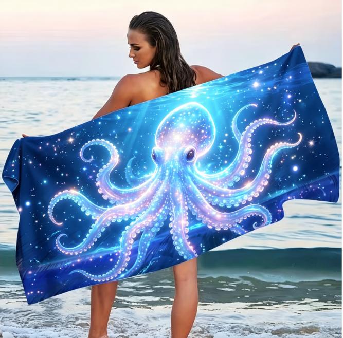 Large Microfiber Beach Towel, Blue Ocean Whale Print, Sand Free & Quick Dry, for Summer Beach & Pool Use