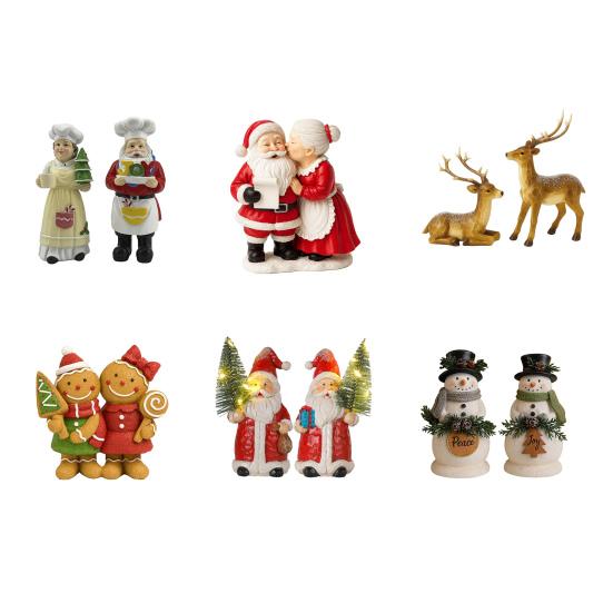 Mr. And Mrs. Santa Claus Figurine Hand-Painted Christmas Resin Ornament Couple Gingerbread Man Elk Statue for Holiday Table Mantel Decor