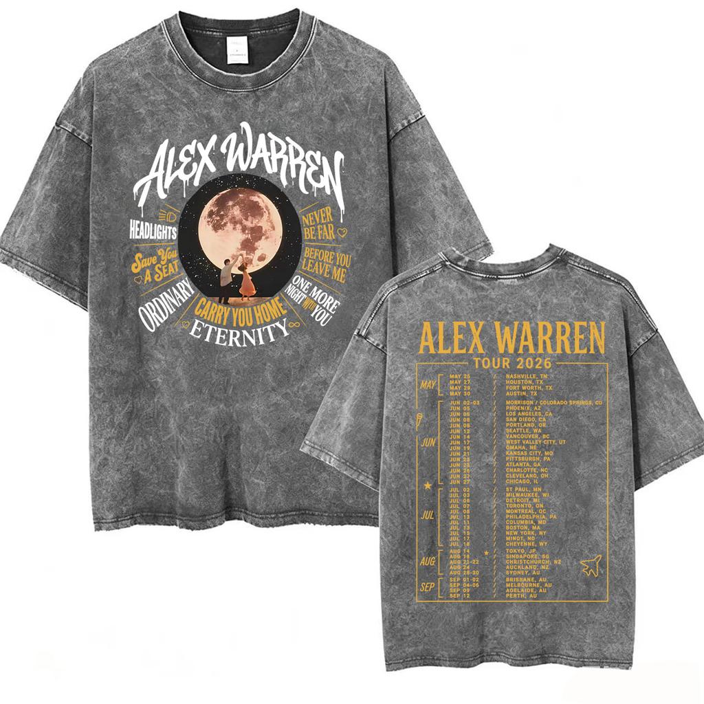 Alex Warren Moon Kunstwerk Musiktour 2026 Vintage Washed T-Shirt Herren Damen Mode Punk Hip Hop T-Shirts Sommer Oberteile Lockeres T-Shirt