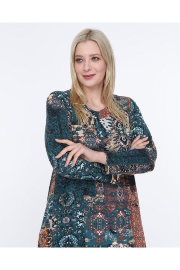 Damen Übergröße Kleid Blau Grün Ethnisches Muster Plus Size Kleid