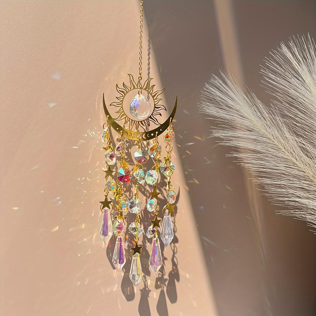 1pc Gold Flame Moon Crystal Pendant Sunlight Catcher Outdoor Garden Ab Colourful Hanging Decorations Hanging Ornaments